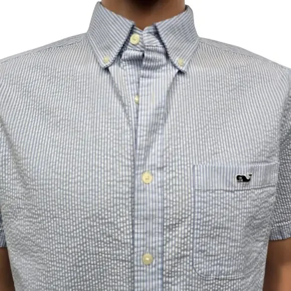 Vineyard Vines Seersucker Shirt Men S Short Sleeves Stretch Blue Striped Whale - Picture 2 of 13